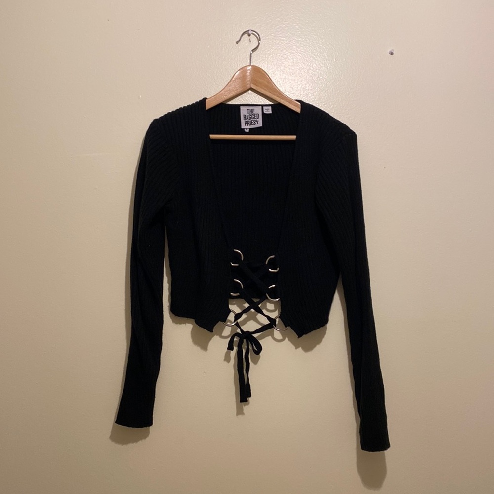THE RAGGEST PRIEST BLACK D-RING LACE UP TOP / CARDIGAN SWEATER. Size M - Picture 3 of 11